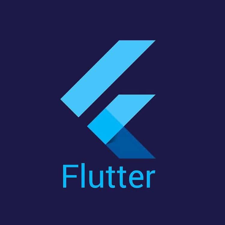 Flutter logo with stylized blue geometric shapes on a dark blue background and the text "Flutter" below.