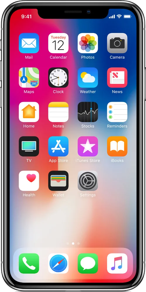 A smartphone displaying various app icons on its home screen, including Mail, Calendar, Photos, Camera, Maps, Clock, Weather, News, and more.