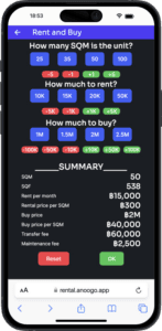 A smartphone screen displays a 'Rent and Buy' app interface with options to calculate rent and buy prices based on unit size.