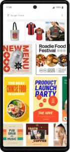 A smartphone screen displays a grid of food and event-related promotional images, featuring a new menu ad, Chinese food, launch party, and roadie food festival posters.