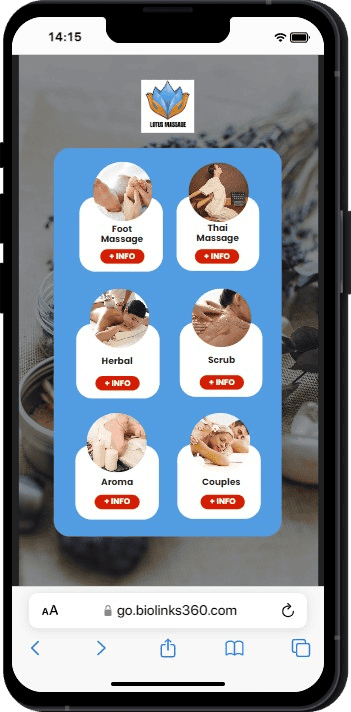 Smartphone screen showing a menu for Lotus Massage with options: Foot Massage, Thai Massage, Herbal, Scrub, Aroma, Couples. Each option has an "+INFO" button.