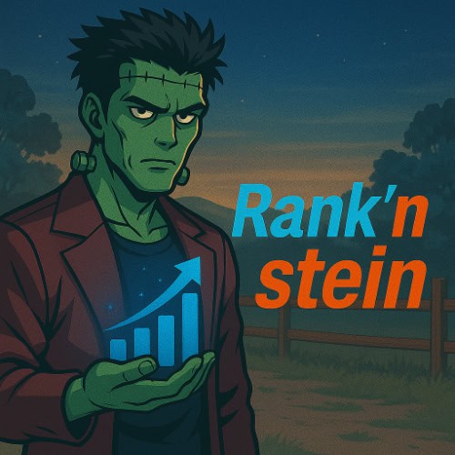 A cartoon Frankenstein's monster in a red jacket holds a glowing rising graph; the text "Rank'n stein" is beside him against an outdoor evening background.