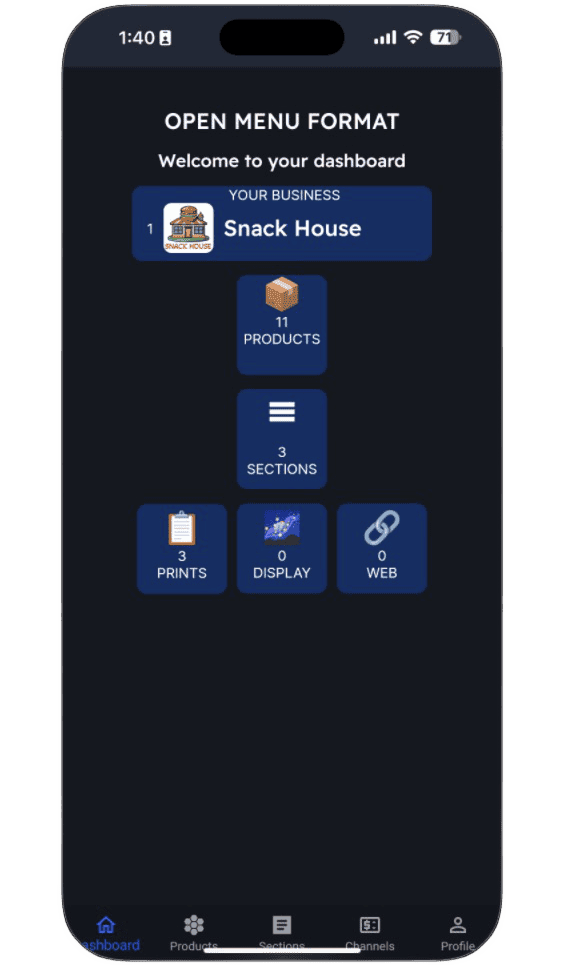 Smartphone screen displaying a dashboard for "Snack House" with sections for products, sections, prints, display, and web options arranged in a grid.