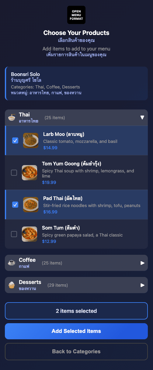 A digital menu for selecting Thai dishes, coffee, and desserts shows two items, Tom Yum Goong and Pad Thai, selected. A blue "Add Selected Items" button is at the bottom.