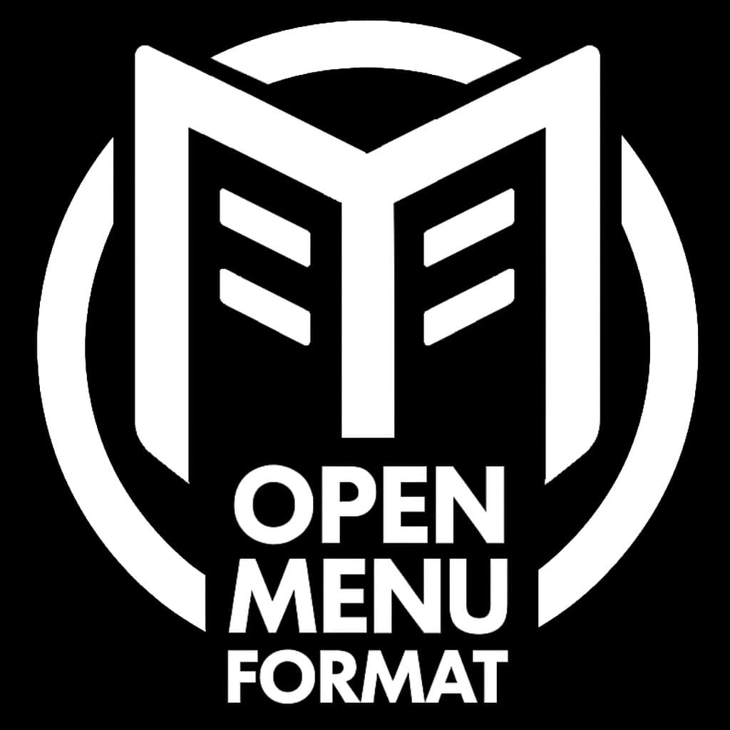 White logo of an open book inside a circle with the words "Open Menu Format" in bold capital letters beneath the graphic, on a black background.